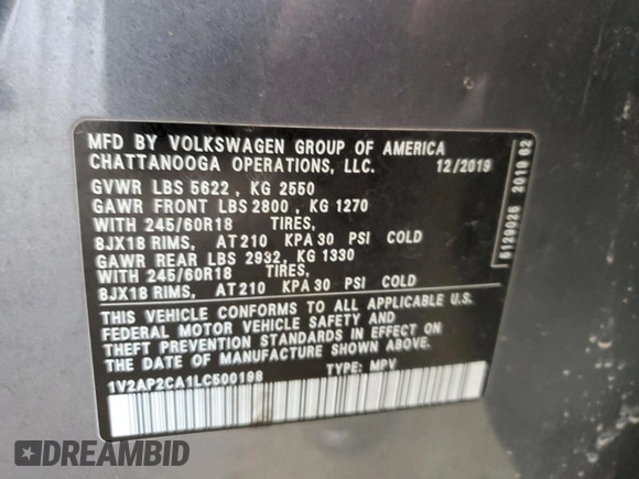 2020 Volkswagen Atlas S with VIN 1V2AP2CA1LC500198, listed as a Copart auction lot 50720885 with 97,160 mi miles and Salvage title. Bid and sale history available at DreamBid. Image 12.