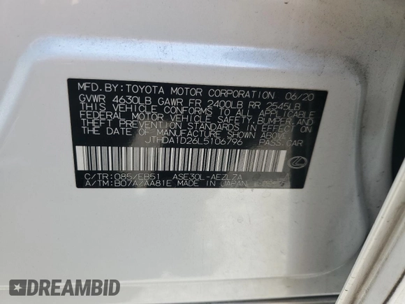 2020 Lexus IS 300 with VIN JTHDA1D26L5106796, listed as a Copart auction lot 61302775 with 63,600 mi miles and Salvage title. Bid and sale history available at DreamBid. Image 12.