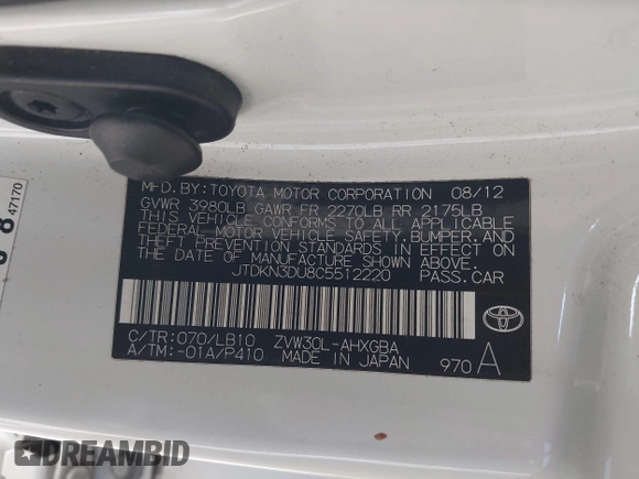 2012 Toyota Prius One z VIN JTDKN3DU8C5512220, wystawiony jako IAAI lot #41806290 z przebiegiem 204 205 mil mil oraz . Historia ofert i sprzedaży dostępna na DreamBid. Obrazek 9.