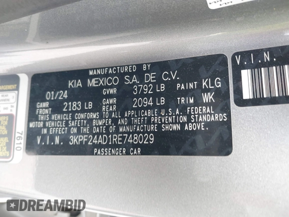 2024 Kia Forte LXS z VIN 3KPF24AD1RE748029, wystawiony jako IAAI lot #42107090 z przebiegiem 27 832 mil mil oraz . Historia ofert i sprzedaży dostępna na DreamBid. Obrazek 9.