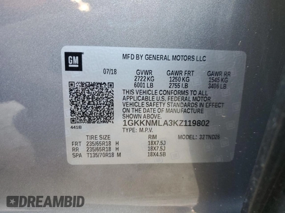 2019 GMC Acadia SLT with VIN 1GKKNMLA3KZ119802, listed as a Copart auction lot 85767374 with 0 mi miles and Clean Title. Bid and sale history available at carsss.com. Image 13.