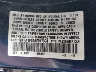 2010 Honda Civic Sdn LX with VIN 19XFA1F53AE017304, listed as a IAAI auction lot 42003547 with 128,559 mi miles. Bid and sale history available at carsss.com. Image 9.