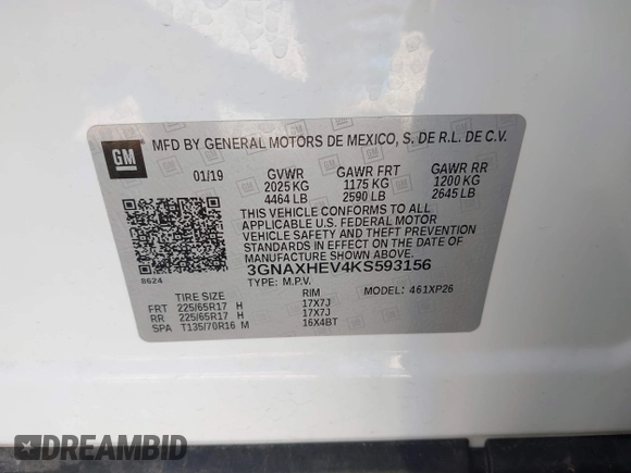 2019 Chevrolet Equinox LS z VIN 3GNAXHEV4KS593156, wystawiony jako IAAI lot #41979511 z przebiegiem 53 124 mil mil oraz . Historia ofert i sprzedaży dostępna na DreamBid. Obrazek 9.