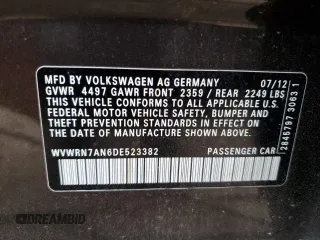2013 Volkswagen CC Lux with VIN WVWRN7AN6DE523382, listed as a Copart auction lot 87489344 with 128,208 mi miles and Non repairable. Bid and sale history available at DreamBid. Image 13.