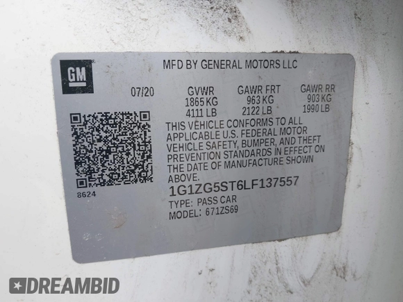 2020 Chevrolet Malibu RS with VIN 1G1ZG5ST6LF137557, listed as a IAAI auction lot 41642962 with 100,313 mi miles and . Bid and sale history available at DreamBid. Image 9.