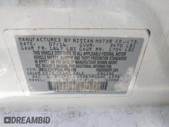 2016 Nissan Note S with VIN 3N1CE2CP5GL408139, listed as a IAAI auction lot 42534784 with 99,017 mi miles and . Bid and sale history available at DreamBid. Image 9.