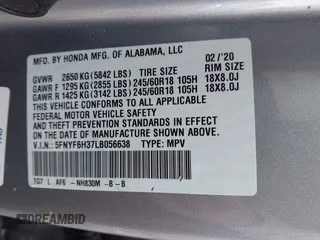 2020 Honda Pilot EX z VIN 5FNYF6H37LB056638, wystawiony jako IAAI lot #41277619 z przebiegiem 62 213 mil mil oraz . Historia ofert i sprzedaży dostępna na DreamBid. Obrazek 9.