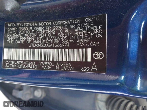 2010 Toyota Prius Four with VIN JTDKN3DU5A1266974, listed as a IAAI auction lot 42143273 with 179,635 mi miles and . Bid and sale history available at DreamBid. Image 9.
