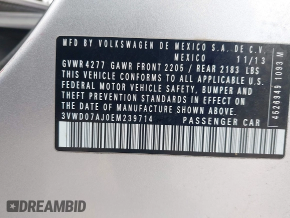 2014 Volkswagen Jetta SE with VIN 3VWD07AJ0EM239714, listed as a IAAI auction lot 42428082 with 124,221 mi miles and . Bid and sale history available at DreamBid. Image 9.