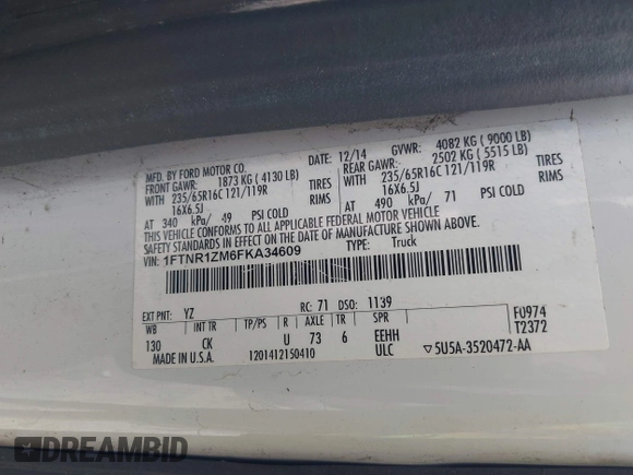 2015 Ford Transit Cargo with VIN 1FTNR1ZM6FKA34609, listed as a IAAI auction lot 42635875 with 214,750 mi miles and . Bid and sale history available at DreamBid. Image 9.