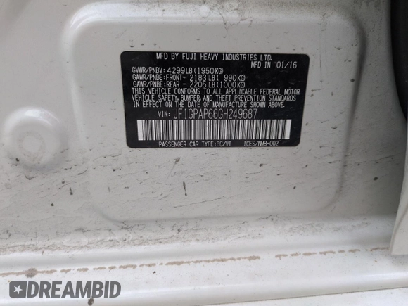2016 Subaru Impreza Special Sports Premium with VIN JF1GPAP66GH249687, listed as a Copart auction lot 52728535 with 77,259 mi miles and Salvage title. Bid and sale history available at DreamBid. Image 13.