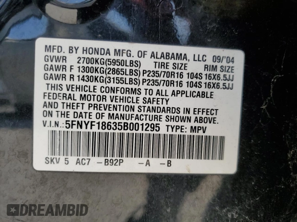 2005 Honda Pilot EX-L z VIN 5FNYF18635B001295, wystawiony jako Copart lot #52434555 z przebiegiem 318 797 mil mil oraz Szkoda całkowita • Salvage title. Historia ofert i sprzedaży dostępna na DreamBid. Obrazek 15.
