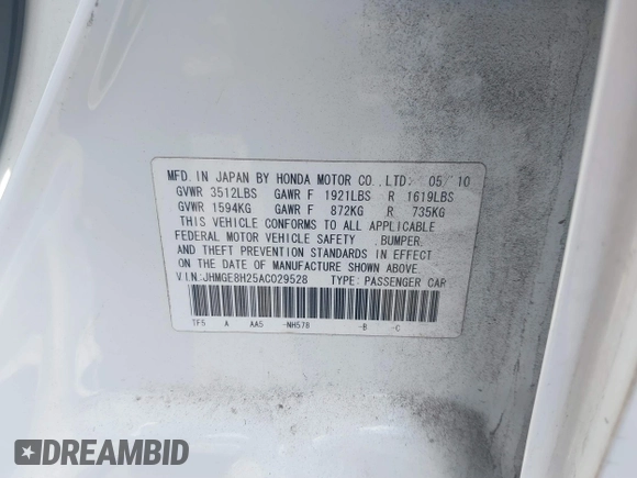 2010 Honda Fit with VIN JHMGE8H25AC029528, listed as a IAAI auction lot 41084208 with 58,774 mi miles. Bid and sale history available at carsss.com. Image 9.