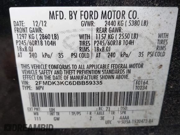 2013 Ford Edge Limited z VIN 2FMDK3KC6DBB59335, wystawiony jako IAAI lot #42381485 z przebiegiem 189 869 mil mil oraz . Historia ofert i sprzedaży dostępna na DreamBid. Obrazek 9.