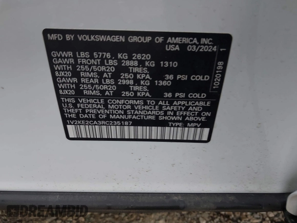2024 Volkswagen Atlas SE with VIN 1V2KE2CA3RC235187, listed as a IAAI auction lot 42017847 with 12,575 mi miles and . Bid and sale history available at DreamBid. Image 9.