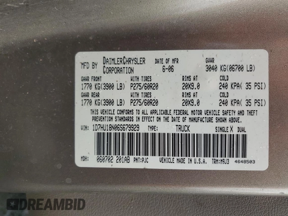 2006 Dodge 1500 SLT z VIN 1D7HU18N06S679929, wystawiony jako Copart lot #49530535 z przebiegiem 179 744 mil mil oraz Szkoda całkowita • Salvage title. Historia ofert i sprzedaży dostępna na DreamBid. Obrazek 12.