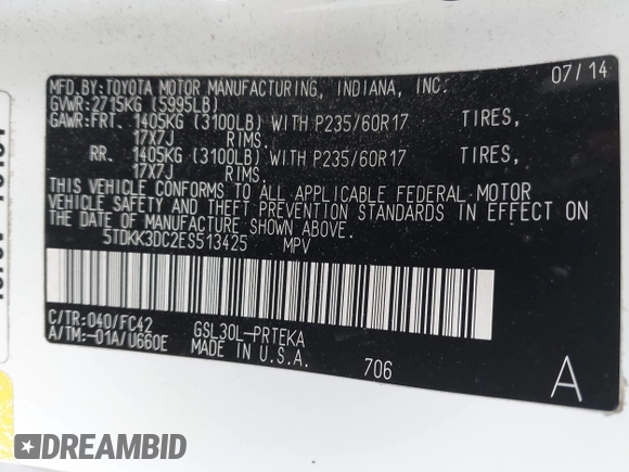 2014 Toyota Sienna LE AAS with VIN 5TDKK3DC2ES513425, listed as a IAAI auction lot 42107820 with 367,844 mi miles and . Bid and sale history available at carsss.com. Image 9.