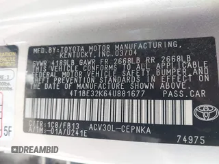 2004 Toyota Camry LE z VIN 4T1BE32K64U881677, wystawiony jako IAAI lot #42388247 z przebiegiem 173 550 mil mil oraz . Historia ofert i sprzedaży dostępna na DreamBid. Obrazek 9.