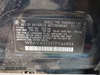 2007 BMW 3 Series 328i with VIN WBAVA33597PV66894, listed as a IAAI auction lot 42407280 with 160,527 mi miles and . Bid and sale history available at DreamBid. Image 9.