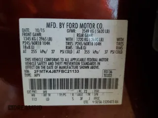 2015 Ford Edge SEL with VIN 2FMTK4J87FBC21133, listed as a Copart auction lot 50001275 with 67,512 mi miles and Salvage Title. Bid and sale history available at carsss.com. Image 15.