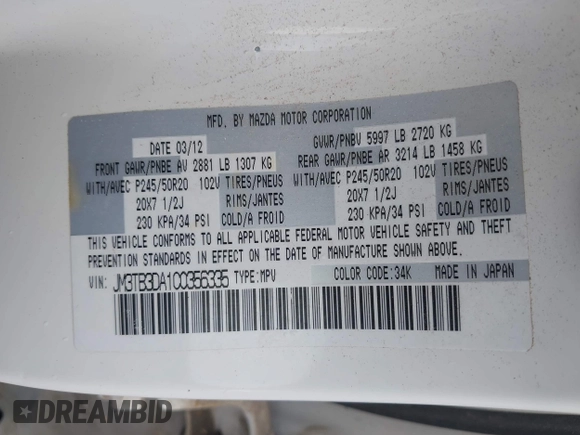 2012 Mazda CX-9 Grand Touring with VIN JM3TB3DA1C0356335, listed as a IAAI auction lot 42658284 with 141,537 mi miles and . Bid and sale history available at DreamBid. Image 9.