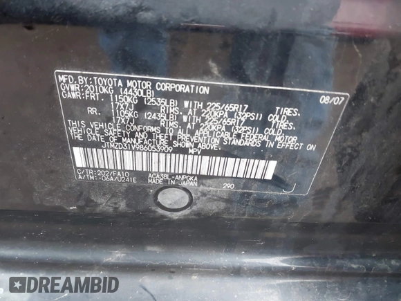 2008 Toyota RAV4 Ltd with VIN JTMZD31V986053909, listed as a IAAI auction lot 41488401 with 224,881 mi miles. Bid and sale history available at carsss.com. Image 9.