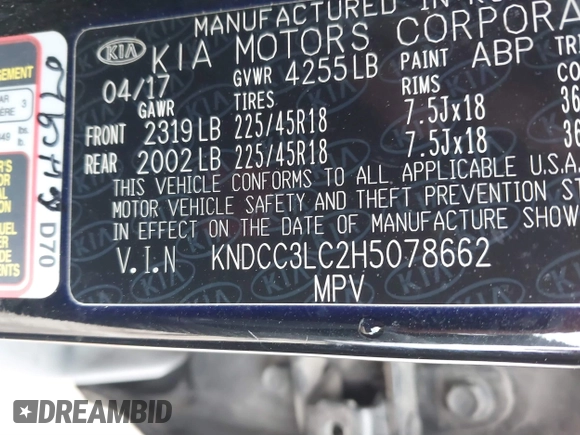 2017 Kia Niro Touring Launch Edition with VIN KNDCC3LC2H5078662, listed as a IAAI auction lot 41527692 with 100,269 mi miles. Bid and sale history available at carsss.com. Image 9.
