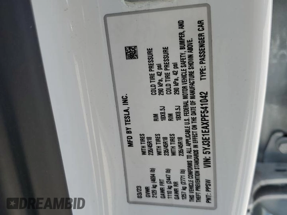 2023 Tesla Model 3 с VIN 5YJ3E1EAXPF541042, выставлен на аукционе Copart как лот 52898805 с пробегом 59 724 миль миль и Списание • Salvage title. История ставок и продаж доступна на DreamBid. Изображение 13.