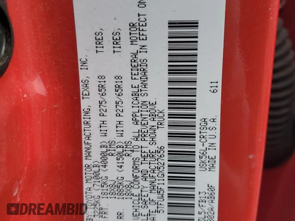 2016 Toyota Tundra 4WD Truck SR with VIN 5TFUW5F11GX527656, listed as a Copart auction lot 45854115 with 94,795 mi miles and Salvage Title. Bid and sale history available at carsss.com. Image 14.
