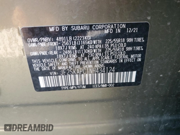 2022 Subaru Forester Limited with VIN JF2SKAPC1NH434124, listed as a Copart auction lot 60232775 with 54,226 mi miles and Salvage title. Bid and sale history available at DreamBid. Image 13.