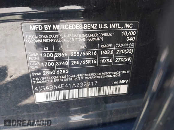 2001 Mercedes-Benz M 320/430/500 with VIN 4JGAB54E41A232917, listed as a IAAI auction lot 42055379 with 187,008 mi miles and . Bid and sale history available at DreamBid. Image 9.