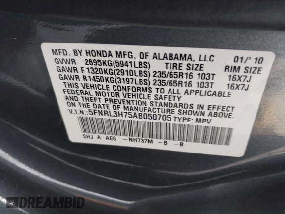 2010 Honda Odyssey EX-L with VIN 5FNRL3H75AB050705, listed as a IAAI auction lot 41953803 with 196,827 mi miles. Bid and sale history available at carsss.com. Image 9.