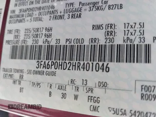 2017 Ford Fusion SE z VIN 3FA6P0HD2HR401046, wystawiony jako IAAI lot #41965539 z przebiegiem 92 664 mil mil oraz . Historia ofert i sprzedaży dostępna na DreamBid. Obrazek 9.