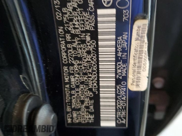 2013 Toyota Prius One with VIN JTDKN3DU6D5607750, listed as a Copart auction lot 87023254 with 173,100 mi miles and Salvage Title. Bid and sale history available at DreamBid. Image 12.