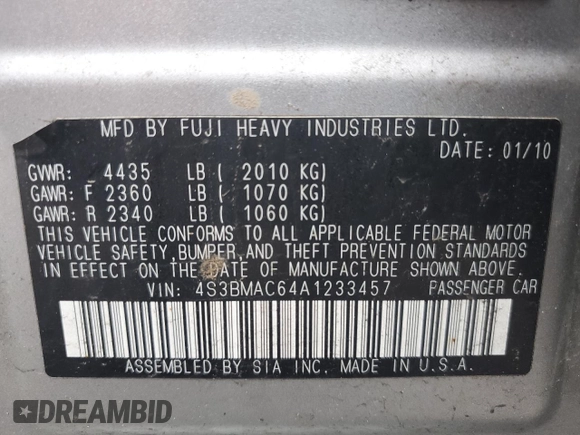 2010 Subaru Legacy Premium All-Weather Anniversary with VIN 4S3BMAC64A1233457, listed as a Copart auction lot 55796215 with 237,735 mi miles and Salvage title. Bid and sale history available at DreamBid. Image 13.