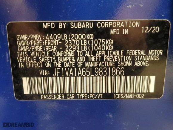 2020 Subaru WRX with VIN JF1VA1A65L9831866, listed as a Copart auction lot 48745565 with 57,119 mi miles and Salvage Title. Bid and sale history available at carsss.com. Image 13.