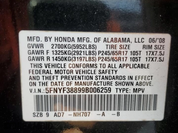 2009 Honda Pilot Touring z VIN 5FNYF38899B006259, wystawiony jako Copart lot #50713815 z przebiegiem 177 180 mil mil oraz Szkoda całkowita • Salvage title. Historia ofert i sprzedaży dostępna na DreamBid. Obrazek 13.