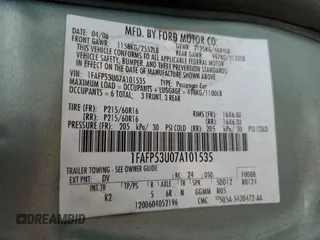 2007 Ford Taurus SE with VIN 1FAFP53U07A101535, listed as a Copart auction lot 56385185 with Not provided miles and Salvage title. Bid and sale history available at DreamBid. Image 12.