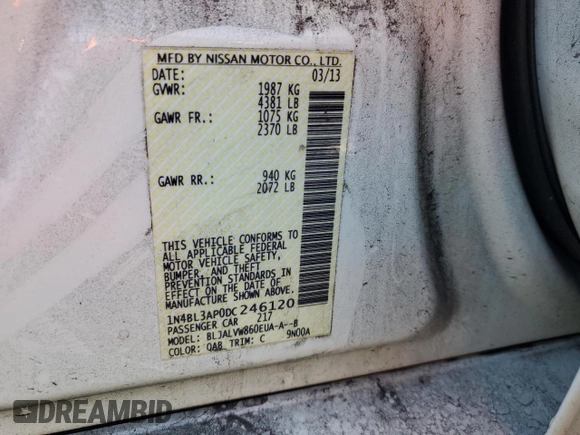 2013 Nissan Altima S z VIN 1N4BL3AP0DC246120, wystawiony jako Copart lot #54541555 z przebiegiem 115 635 mil mil oraz Nie do naprawy • Non repairable. Historia ofert i sprzedaży dostępna na DreamBid. Obrazek 12.