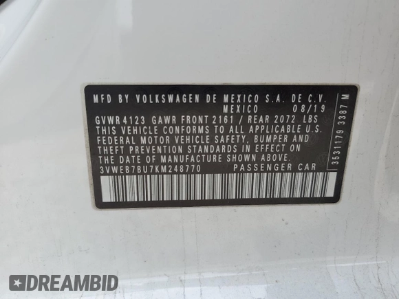 2019 Volkswagen Jetta SEL with VIN 3VWEB7BU7KM248770, listed as a Copart auction lot 41643745 with 37,125 mi miles and Salvage title. Bid and sale history available at DreamBid. Image 14.