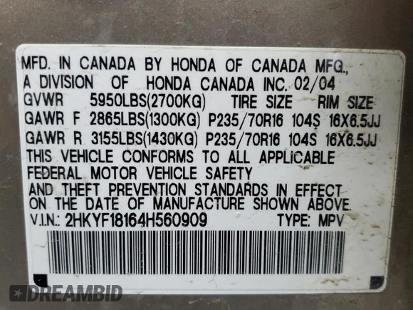 2004 Honda Pilot LX z VIN 2HKYF18164H560909, wystawiony jako Copart lot #53088025 z przebiegiem 253 699 mil mil oraz Czysty tytuł • Clean title. Historia ofert i sprzedaży dostępna na DreamBid. Obrazek 13.