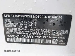 2021 BMW 3 Series 330i z VIN 3MW5R1J08M8C07261, wystawiony jako IAAI lot #41861814 z przebiegiem 87 426 mil mil oraz . Historia ofert i sprzedaży dostępna na DreamBid. Obrazek 9.