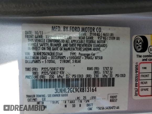 2012 Lincoln MKZ with VIN 3LNHL2GC9CR813164, listed as a Copart auction lot 56974105 with 103,830 mi miles and Salvage title. Bid and sale history available at DreamBid. Image 12.