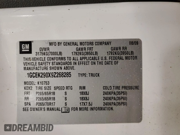 2009 Chevrolet Silverado 1500 LT with VIN 1GCEK290X9Z268285, listed as a Copart auction lot 53468935 with 178,263 mi miles and Salvage Title. Bid and sale history available at DreamBid. Image 12.