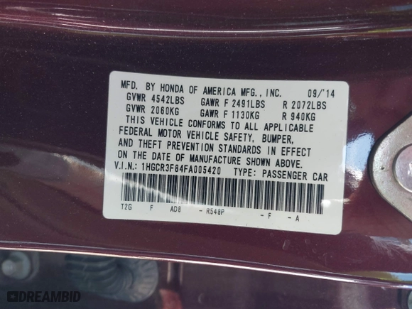 2015 Honda Accord Sedan EX-L with VIN 1HGCR3F84FA005420, listed as a IAAI auction lot 40849736 with 93,740 mi miles. Bid and sale history available at carsss.com. Image 9.