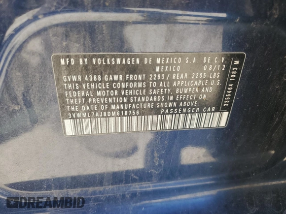 2013 Volkswagen Jetta TDI w/Sunroof с VIN 3VWML7AJ8DM618756, выставлен на аукционе Copart как лот 56519695 с пробегом 198 145 миль миль и Списание • Salvage title. История ставок и продаж доступна на DreamBid. Изображение 12.
