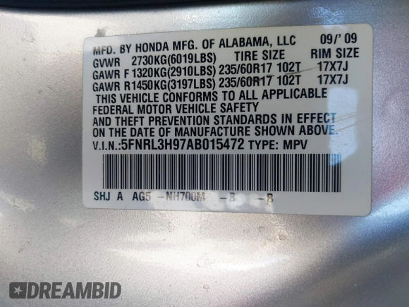 2010 Honda Odyssey Touring with VIN 5FNRL3H97AB015472, listed as a IAAI auction lot 41763680 with 144,309 mi miles. Bid and sale history available at carsss.com. Image 9.