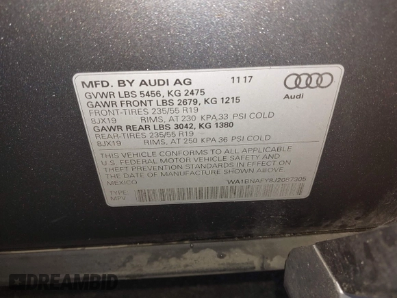2018 Audi Q5 Premium Plus with VIN WA1BNAFY8J2087305, listed as a IAAI auction lot 41961830 with 128,163 mi miles. Bid and sale history available at carsss.com. Image 9.