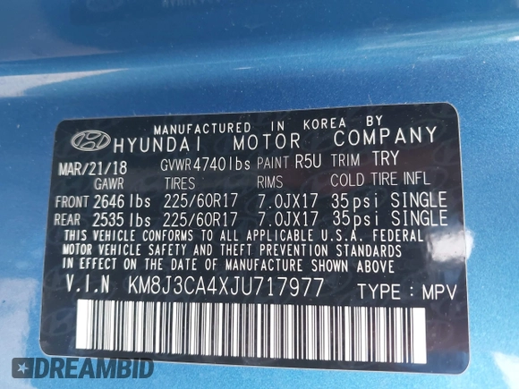 2018 Hyundai Tucson SEL z VIN KM8J3CA4XJU717977, wystawiony jako IAAI lot #42358288 z przebiegiem 121 919 mil mil oraz . Historia ofert i sprzedaży dostępna na DreamBid. Obrazek 9.