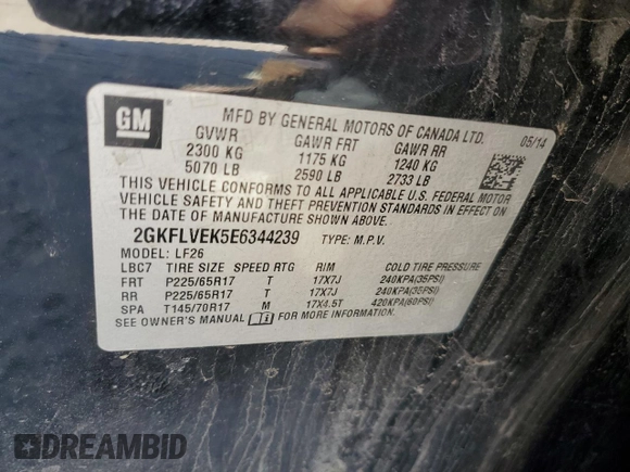 2014 GMC Terrain SLE with VIN 2GKFLVEK5E6344239, listed as a Copart auction lot 48811405 with 141,458 mi miles and Clean Title. Bid and sale history available at carsss.com. Image 14.
